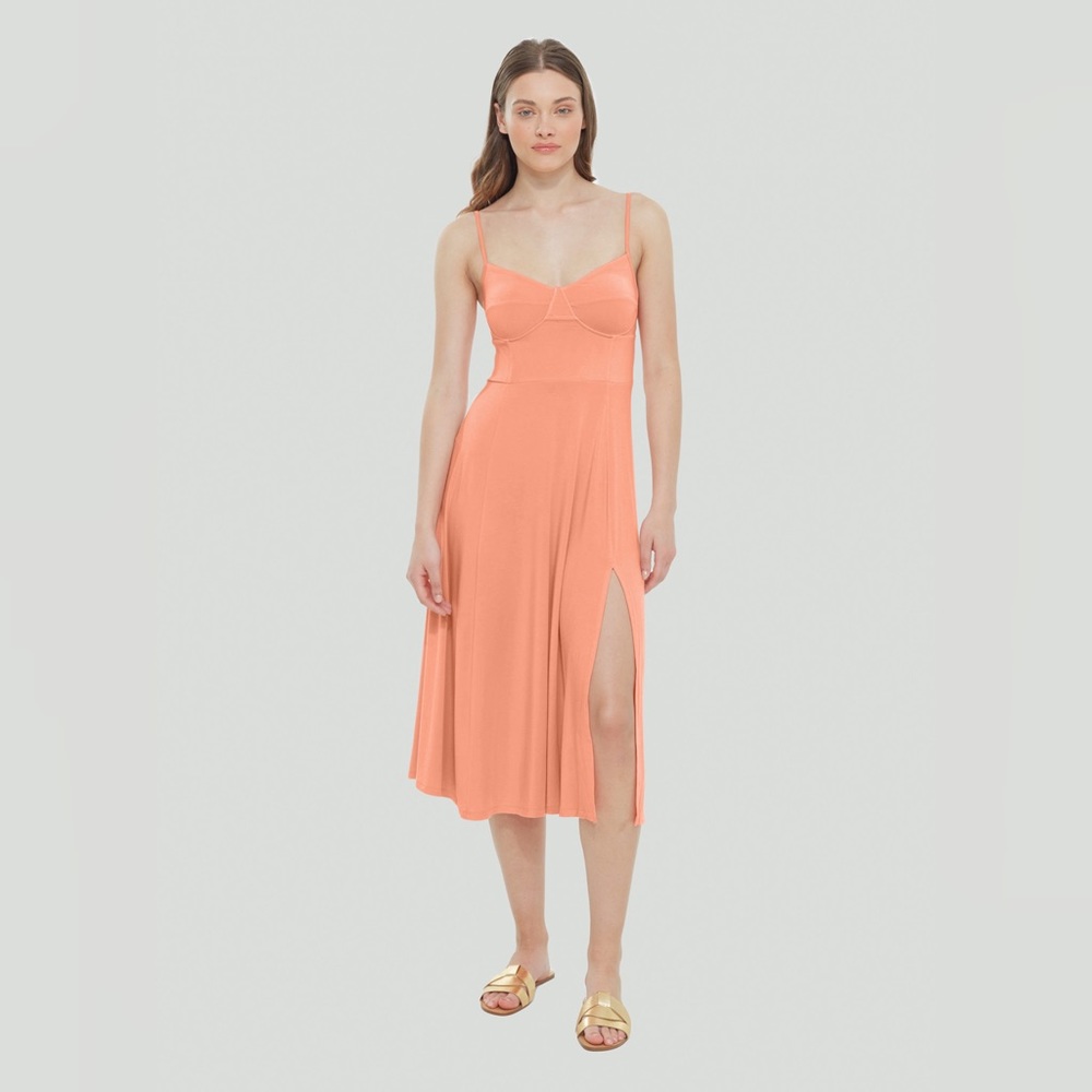 DEX Structured Bodice Coral Peach Pink Spaghetti Straps Knit Midi Dress - Picture 3 of 3